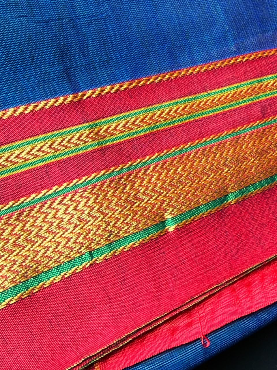 Royal Blue Plain Ilkal Saree With Maroon and Golden Zari Border