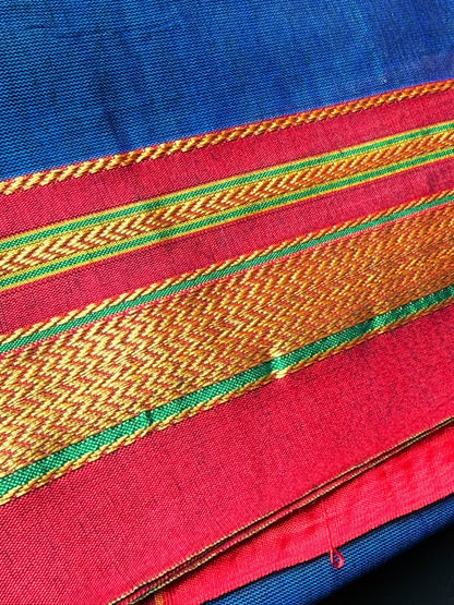 Royal Blue Plain Ilkal Saree With Maroon and Golden Zari Border