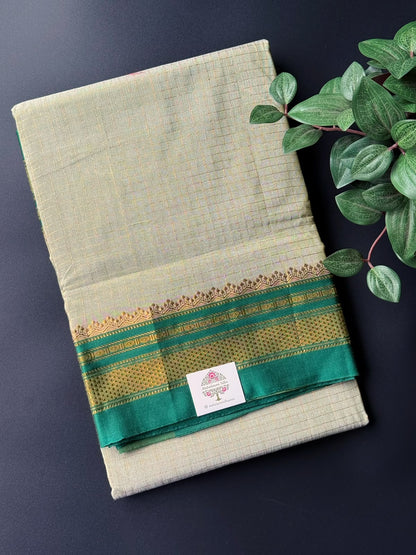 Pestal Green Zari Checks Ilkal Saree With Dark Green and Golden Zari Border