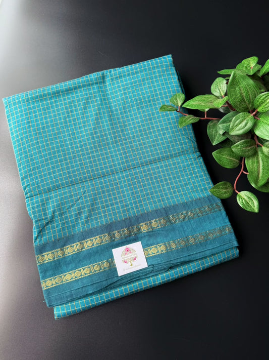 9 Yard Rama Green Arani Silk Cotton Saree With Zari Border