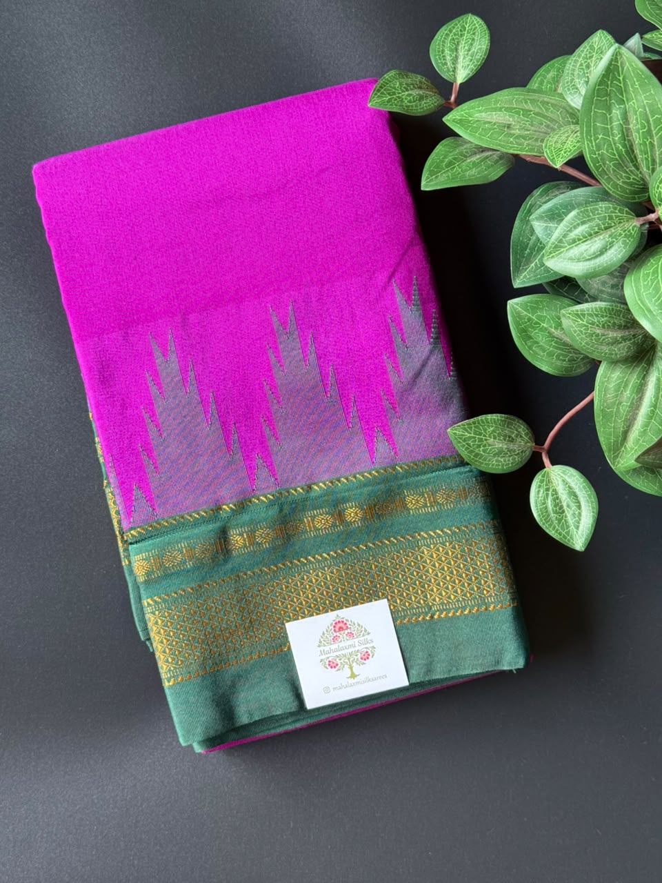 Magenta Temple Gadhwal Saree with Green Border