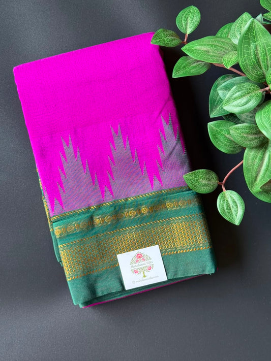 Magenta Temple Gadhwal Saree with Green Border
