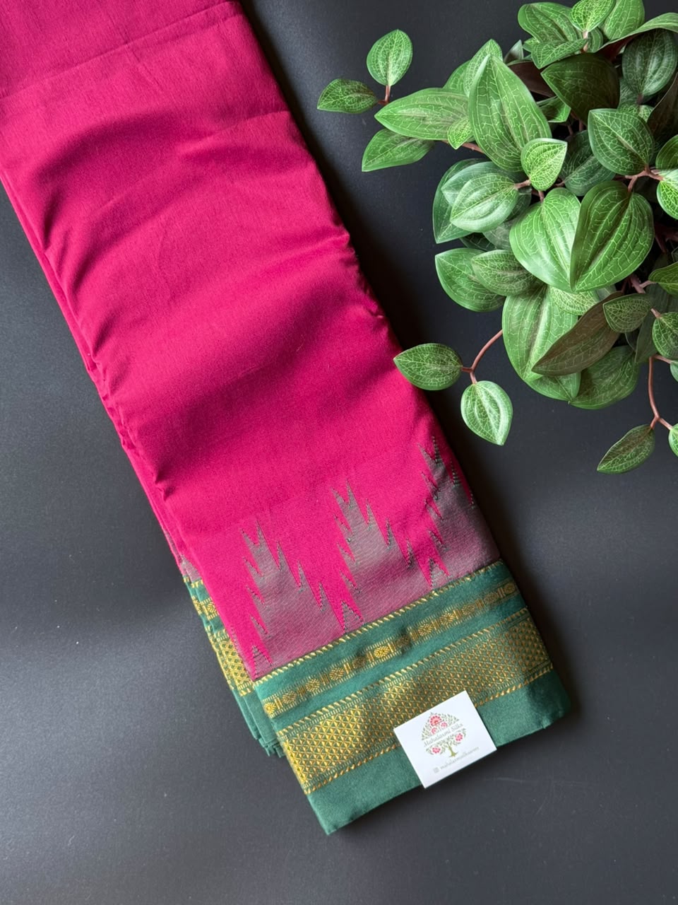 Maroon Temple Gadhwal Saree with Green Border