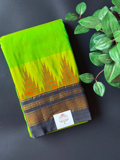 Lush Green Temple Gadhwal Saree with Black Border