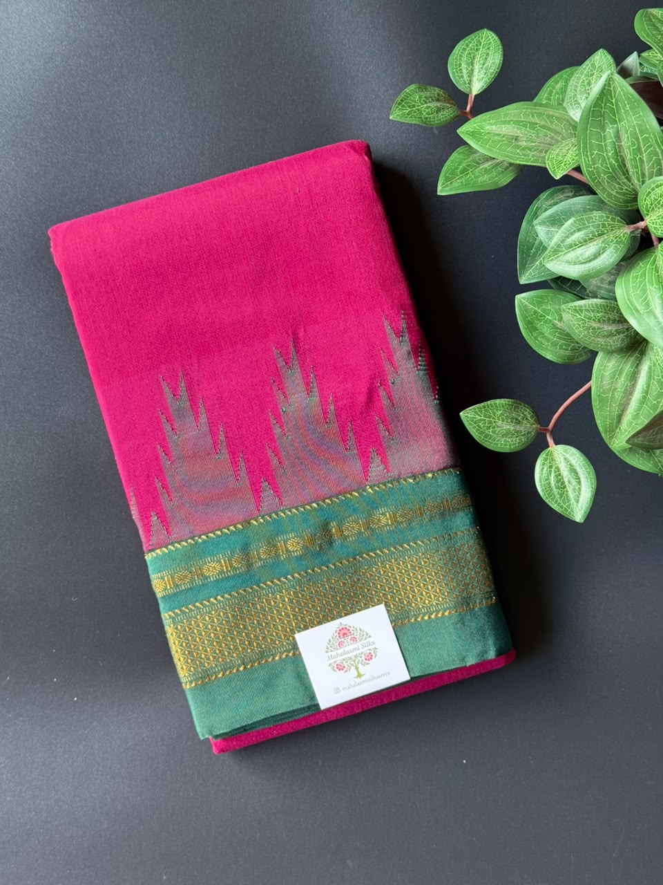 Maroon Temple Gadhwal Saree with Green Border