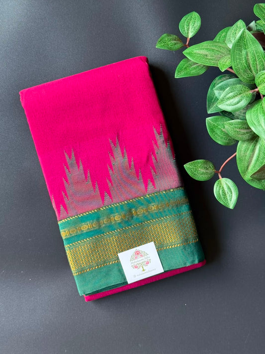 Maroon Temple Gadhwal Saree with Green Border