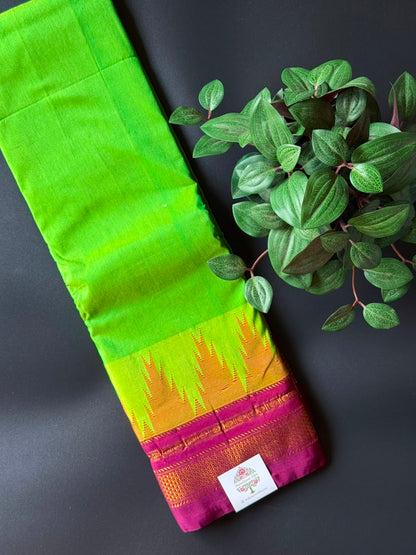 Lush Green Temple Gadhwal Saree with Maroon Border
