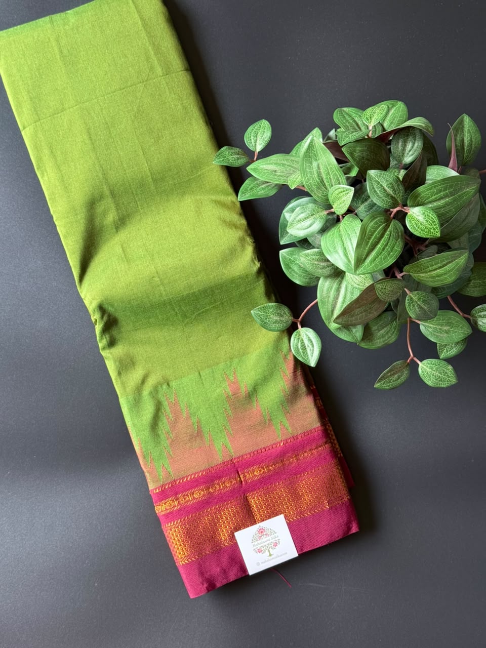 Green Temple Gadhwal Saree with Maroon Border