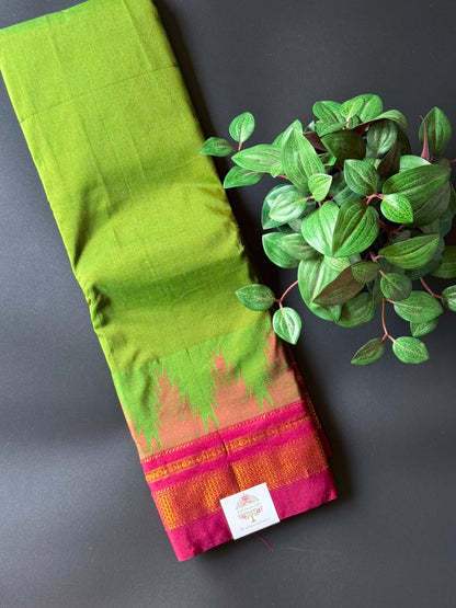 Green Temple Gadhwal Saree with Maroon Border