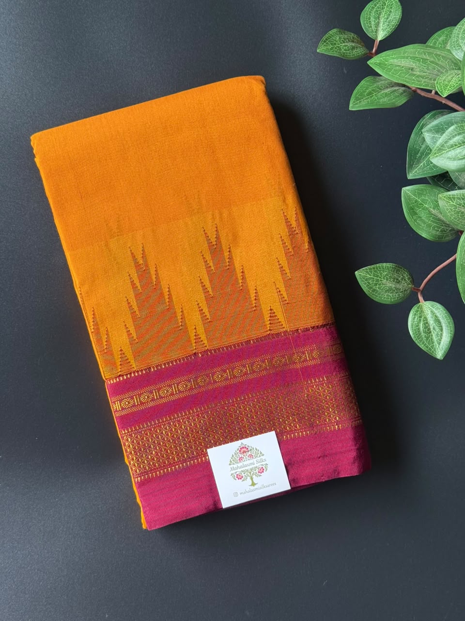 Golden Yellow Temple Gadhwal Saree with Maroon Border