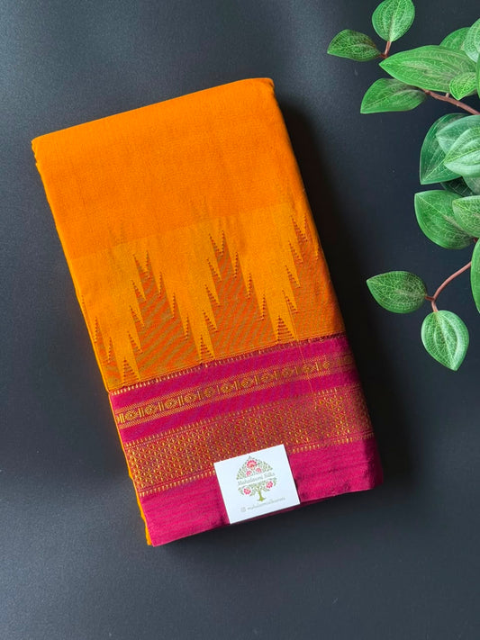 Golden Yellow Temple Gadhwal Saree with Maroon Border