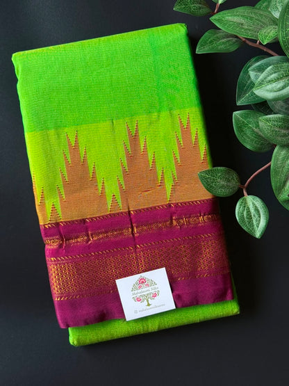 Lush Green Temple Gadhwal Saree with Maroon Border