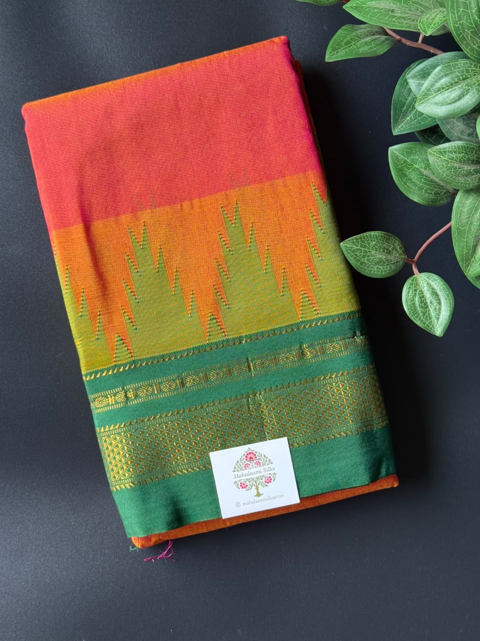 Orange Temple Gadhwal Saree with Green Border