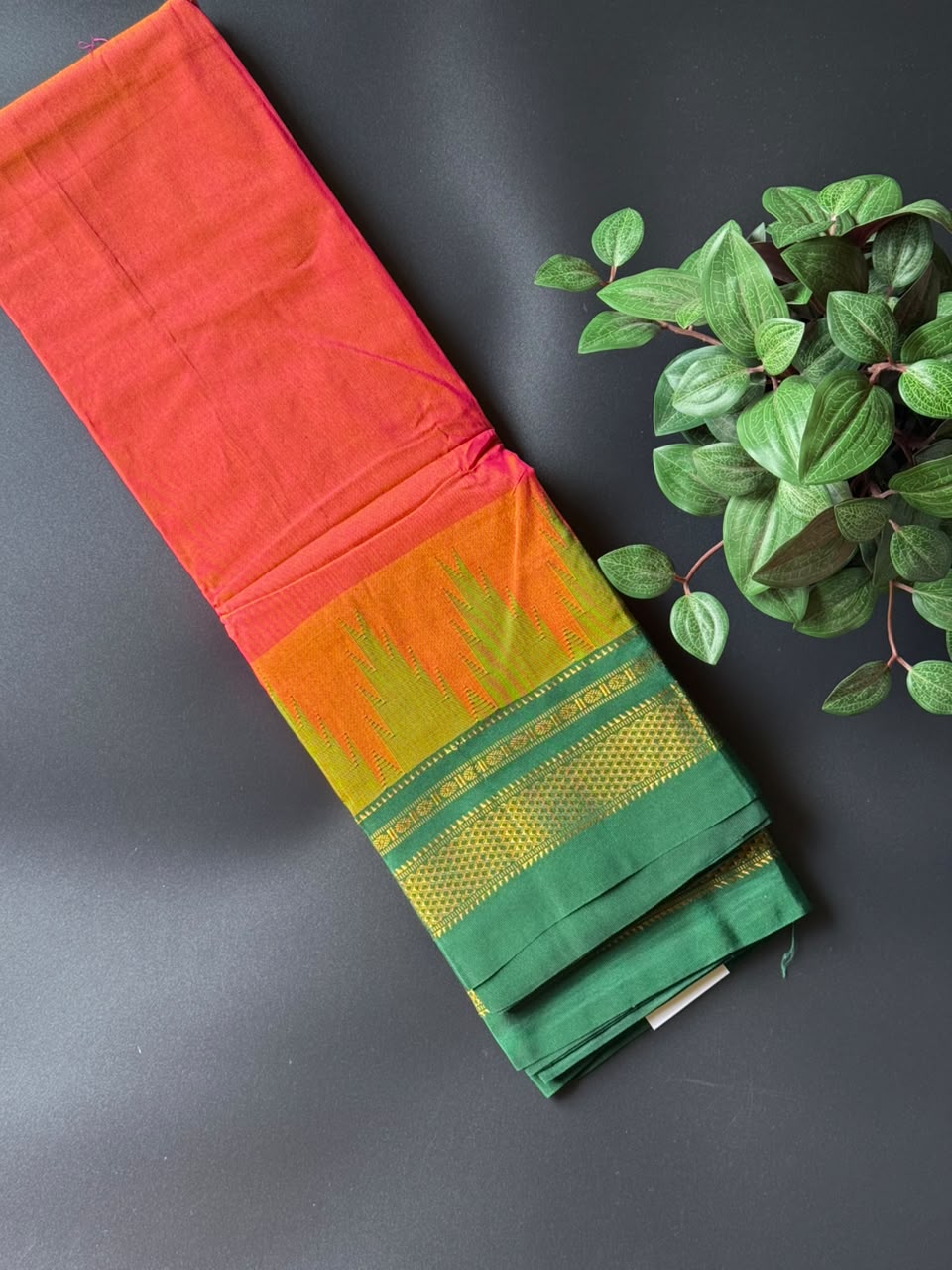 Orange Temple Gadhwal Saree with Green Border