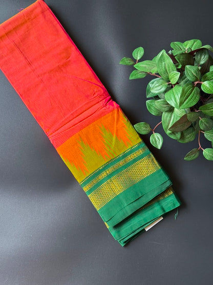 Orange Temple Gadhwal Saree with Green Border