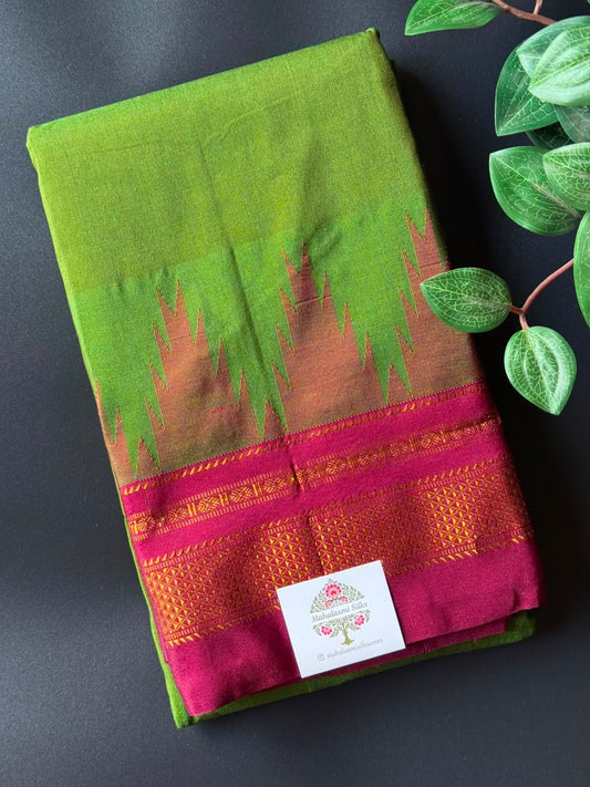 Green Temple Gadhwal Saree with Maroon Border