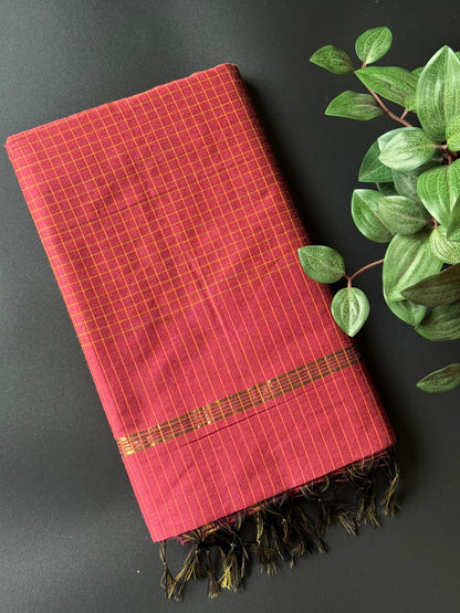 Red Arani Silk Cotton Saree With Zari Border