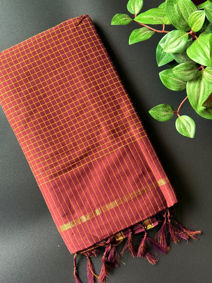 Brown Arani Silk Cotton Saree With Zari Border
