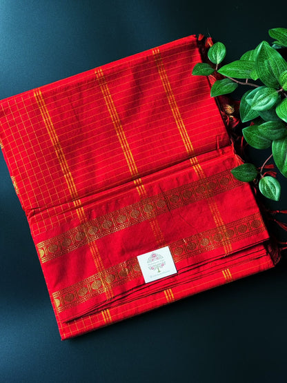 Crimson Red Arani Silk Cotton Saree With Zari Border