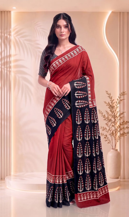 Brown Pure Cotton Block Printed Saree