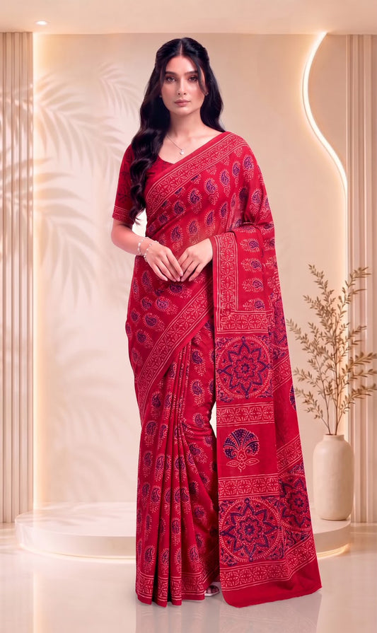 Red Pure Cotton Block Printed Saree
