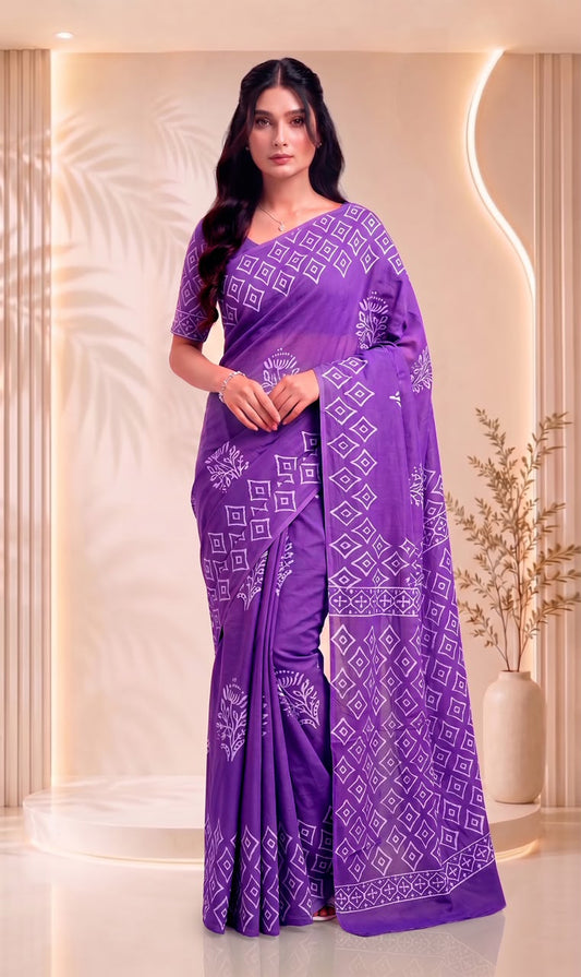 Purple Pure Cotton Block Printed Saree