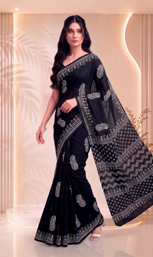 Black and White Pure Cotton Block Printed Saree
