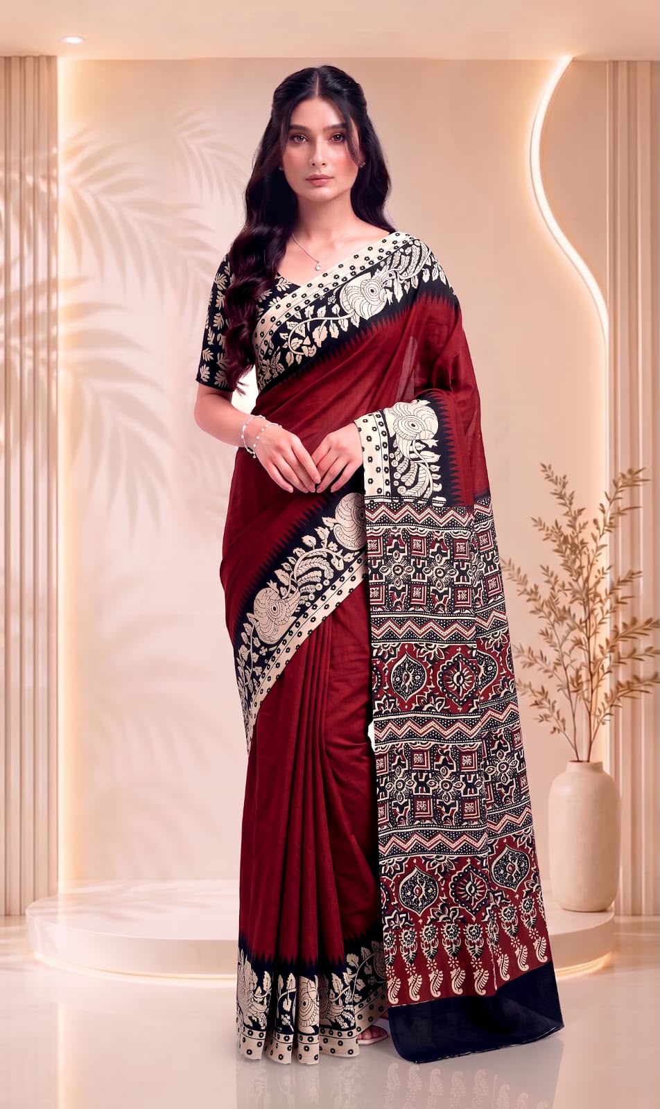 Maroon Pure Cotton Block Printed Saree