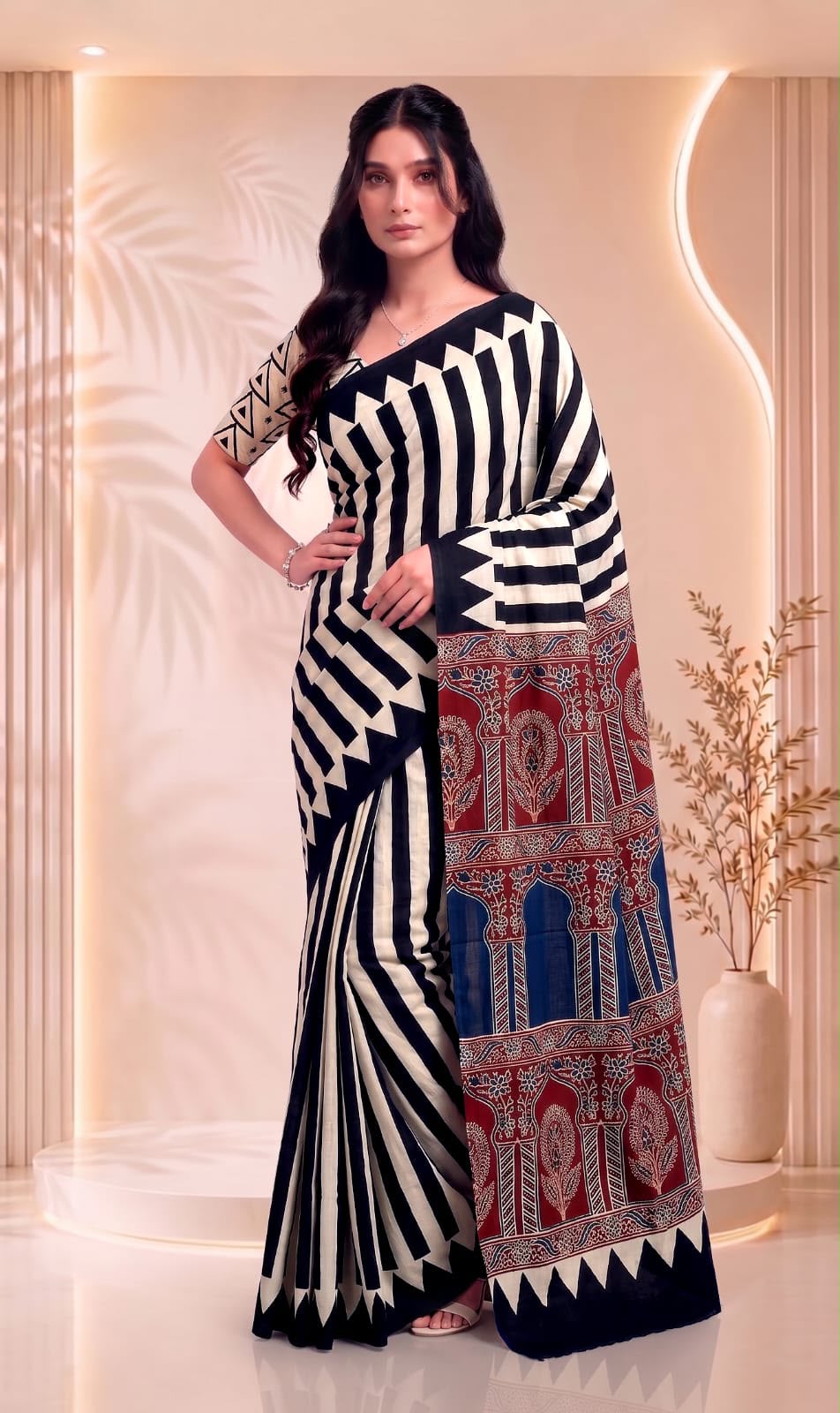 Black and White Pure Cotton Block Printed Saree