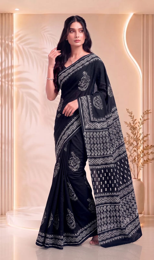 Black and White Pure Cotton Block Printed Saree