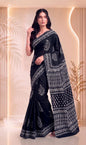 Black and White Pure Cotton Block Printed Saree