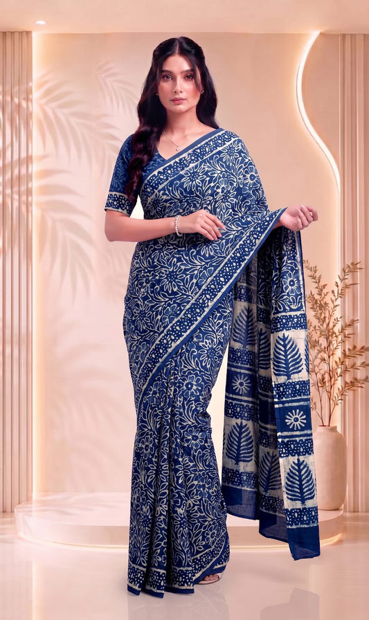 Indigo Pure Cotton Block Printed Saree