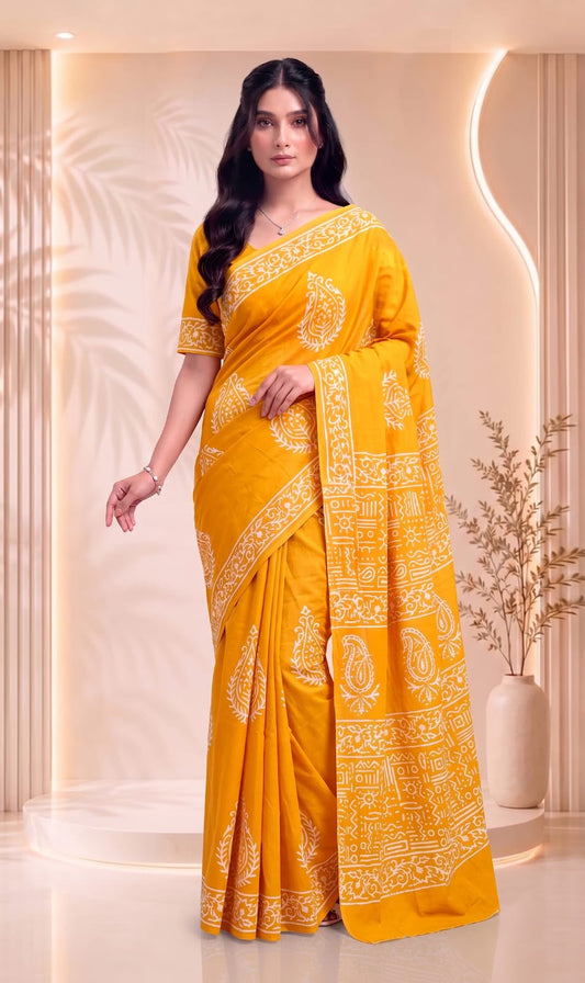 Yellow Pure Cotton Block Printed Saree