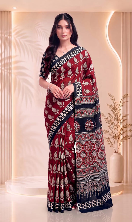 Maroon Pure Cotton Block Printed Saree