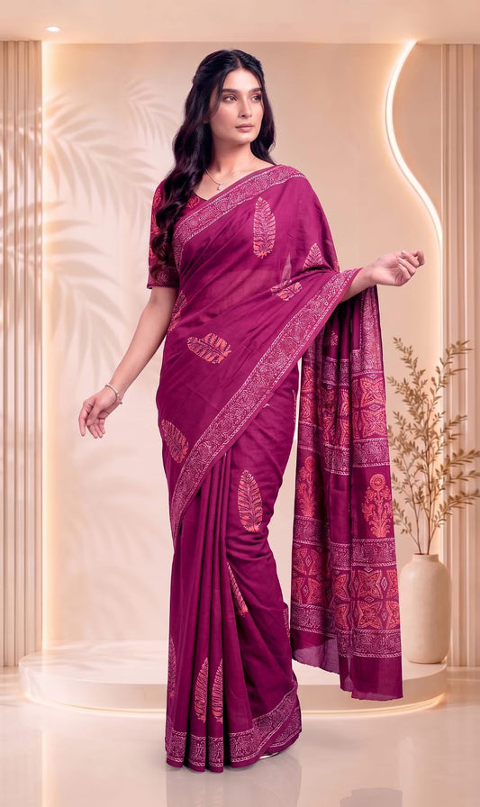 Maroon Pure Cotton Block Printed Saree