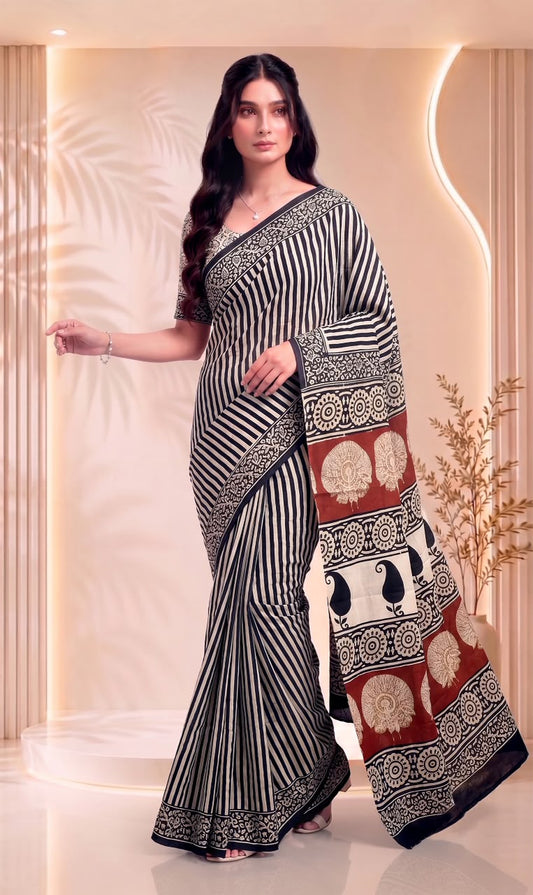 Black and White Pure Cotton Block Printed Saree