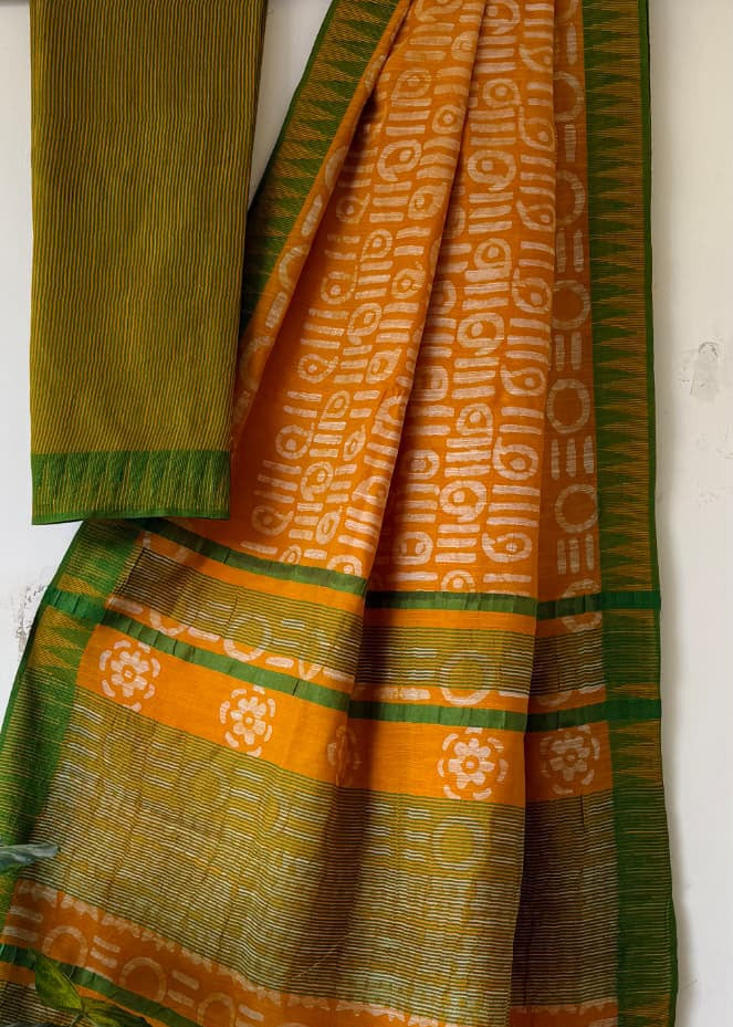 Golden Yellow Block Printed Temple Border Saree