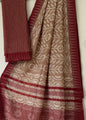 Beige Block Printed Temple Border Saree
