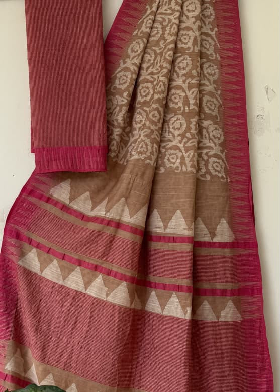 Beige Block Printed Temple Border Saree