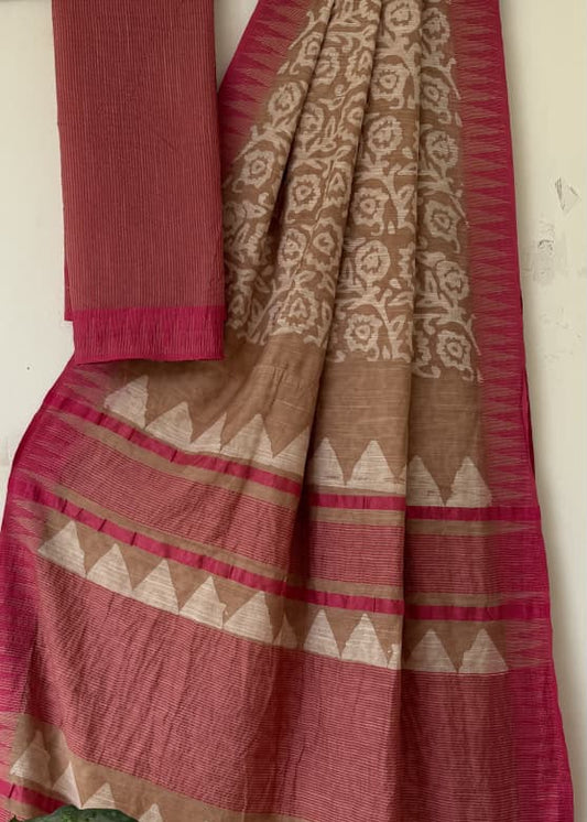 Beige Block Printed Temple Border Saree