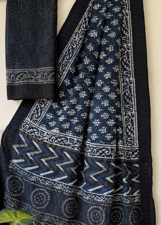 Indigo Block Printed Temple Border Saree