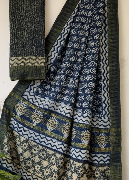 Indigo Block Printed Temple Border Saree