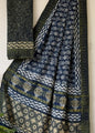 Indigo Block Printed Temple Border Saree