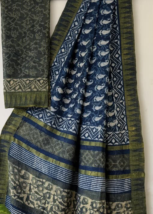Indigo Block Printed Temple Border Saree