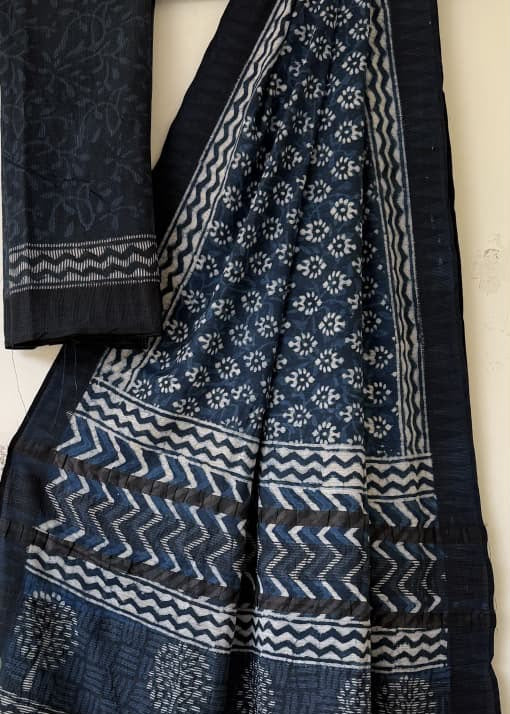 Indigo Block Printed Temple Border Saree
