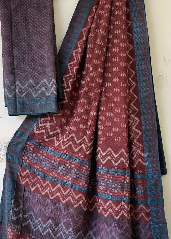 Maroon Block Printed Temple Border Saree
