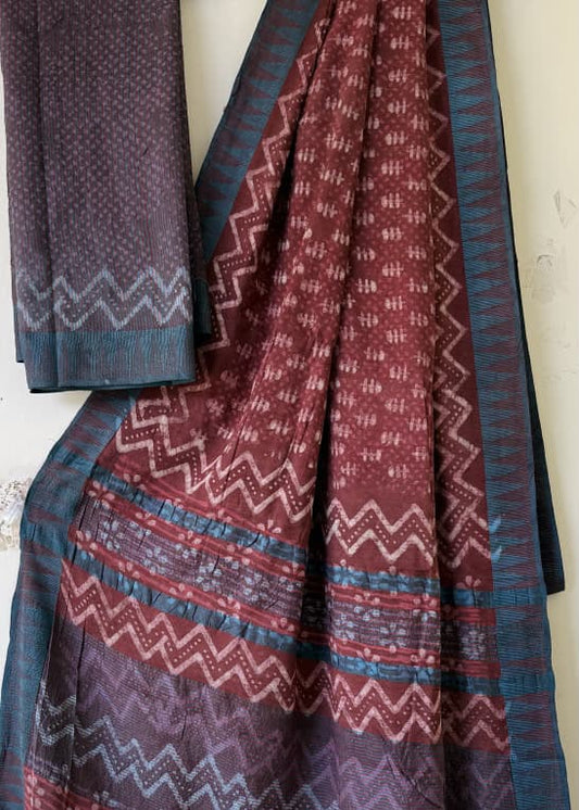 Maroon Block Printed Temple Border Saree