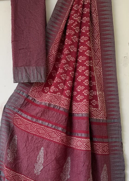 Maroon Block Printed Temple Border Saree