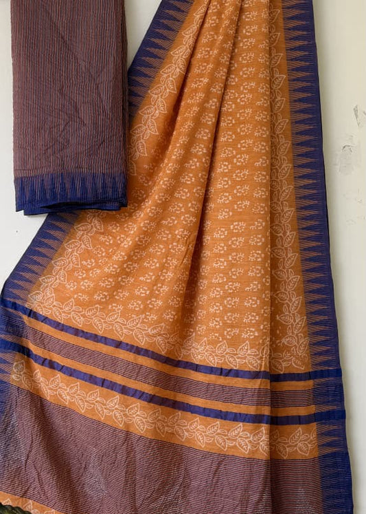 Pestle Orange Block Printed Temple Border Saree