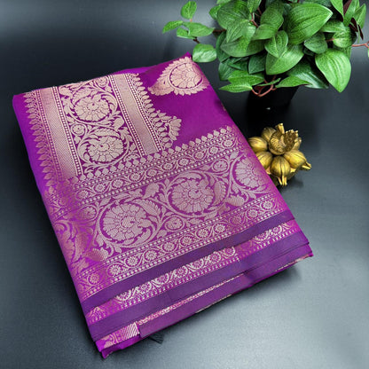 Muga Silk Purple Saree with Golden Zari Border